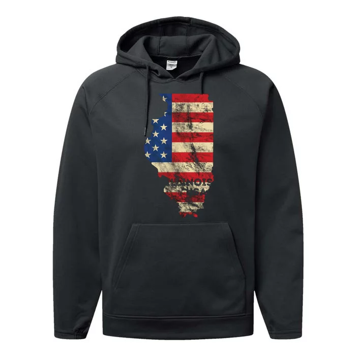 Illinois Usa Flag Patriotic Retro Vintage Performance Fleece Hoodie