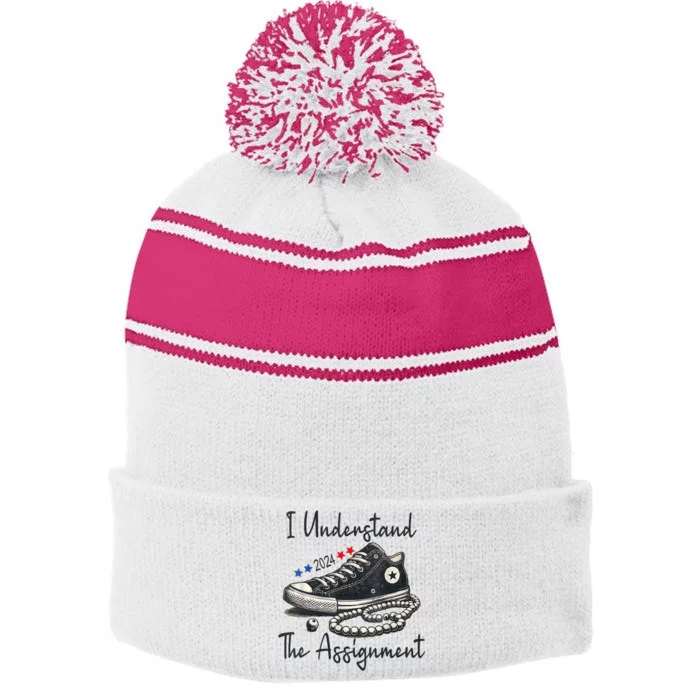 I Understand The Assignment Chucks And Pearls Election 2024 Stripe Pom Pom Beanie