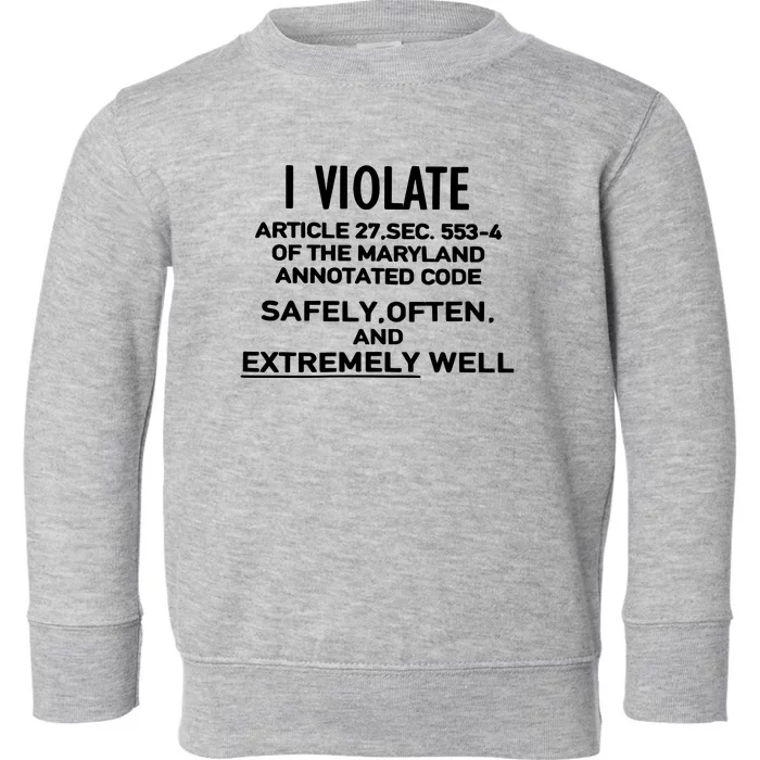 I Violate Article 27 Sec 5534 Of The Maryland Annotated Code Safely Often And E Toddler Sweatshirt