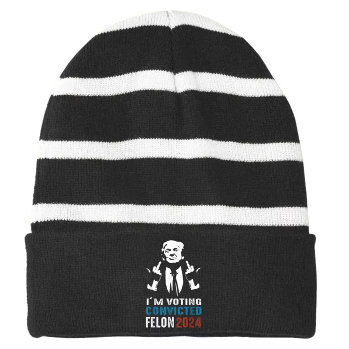 IM Voting Convicted Felon 2024 Trump Funny Quote Striped Beanie with Solid Band