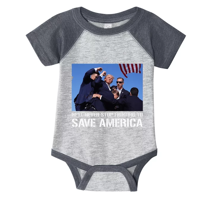 Donald Trump Never Stop Fighting to Save America Supporter Infant Baby Jersey Bodysuit