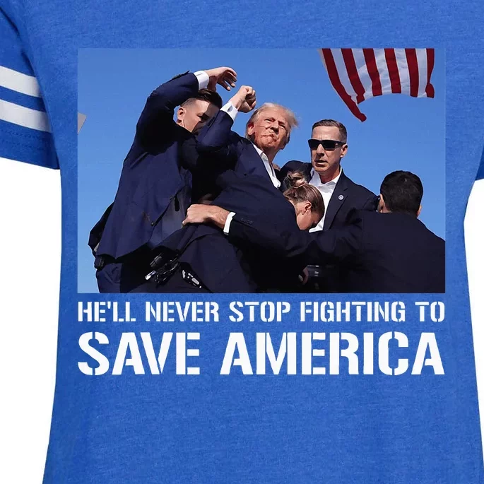 Donald Trump Never Stop Fighting to Save America Supporter Enza Ladies Jersey Football T-Shirt