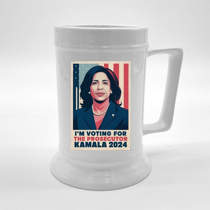 Im Voting For The Prosecutor Kamala 2024 Usa Flag Background Front & Back Beer Stein