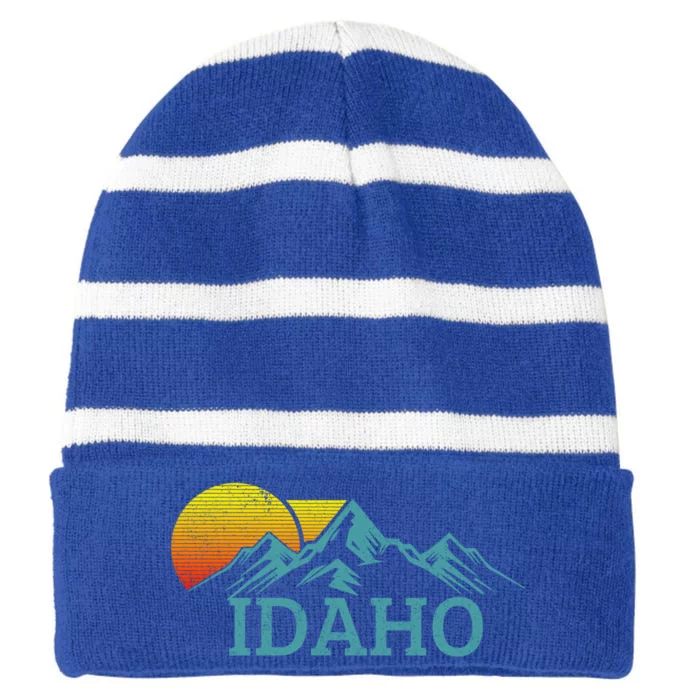 Idaho Vintage Mountains Sunset Hiking Nature Souvenir Gift Striped Beanie with Solid Band