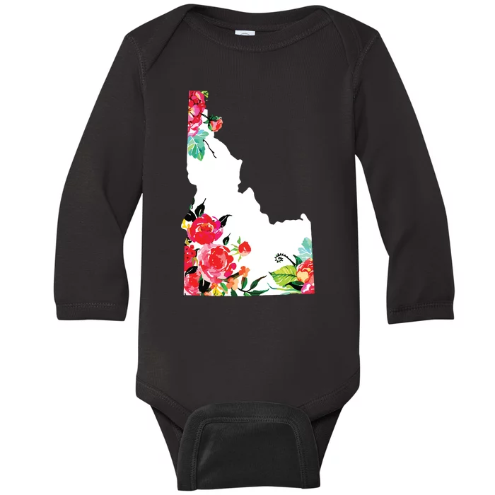 Idaho Vintage Rose State Map Pride Patriotic Floral Idaho Baby Long Sleeve Bodysuit