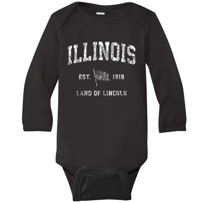 Illinois Vintage Us Flag Sports Design Patriotic Baby Long Sleeve Bodysuit