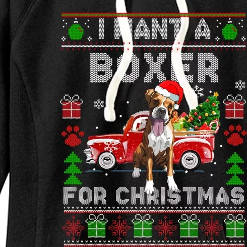 I Want A Boxer For Christmas Ugly Sweater Dog Xmas Outfit Gift Women's Fleece Hoodie