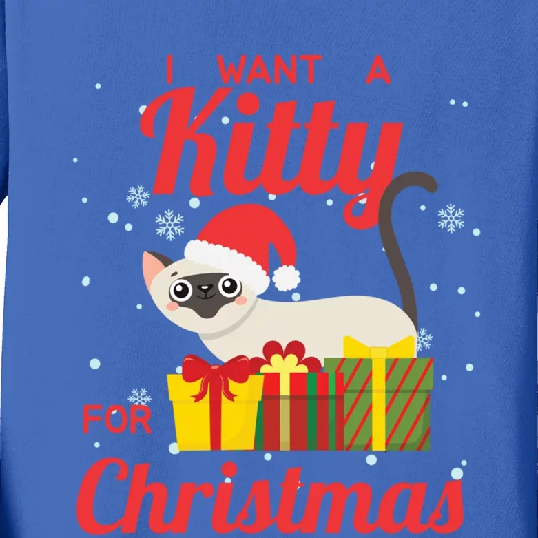 I Want A Kitty Cat For Christmas Funny Cute Magical Holiday Funny Gift Kids Long Sleeve Shirt