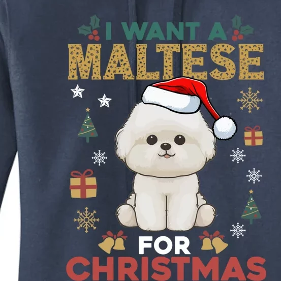 I Want A Maltese For Christmas Cute Dog Lover Family Pajama Gift Women's Pullover Hoodie