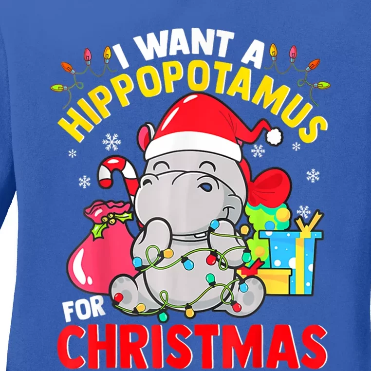 I Want A Hippopotamus For Christmas Hippo Christmas Pajamas Gift Ladies Long Sleeve Shirt