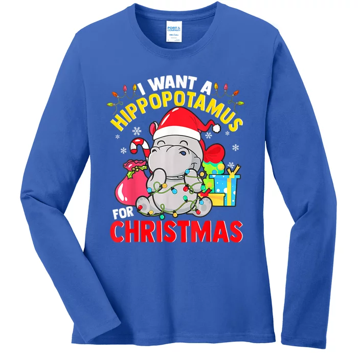 I Want A Hippopotamus For Christmas Hippo Christmas Pajamas Gift Ladies Long Sleeve Shirt