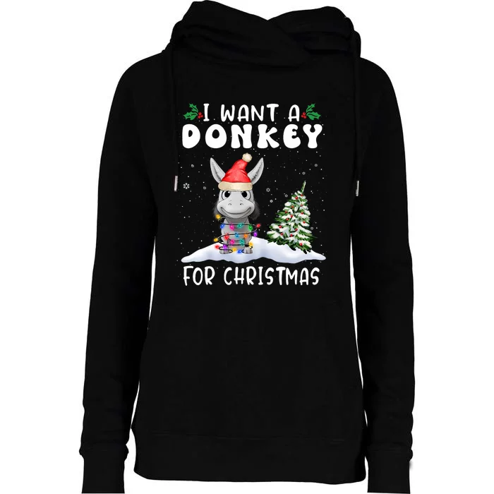 I Want A Donkey For Christmas Santa Hat Funny Xmas Womens Funnel Neck Pullover Hood