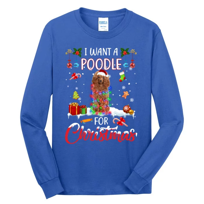 I Want A Poodle For Christmas Xmas Lights Santa Poodle Cool Gift Tall Long Sleeve T-Shirt