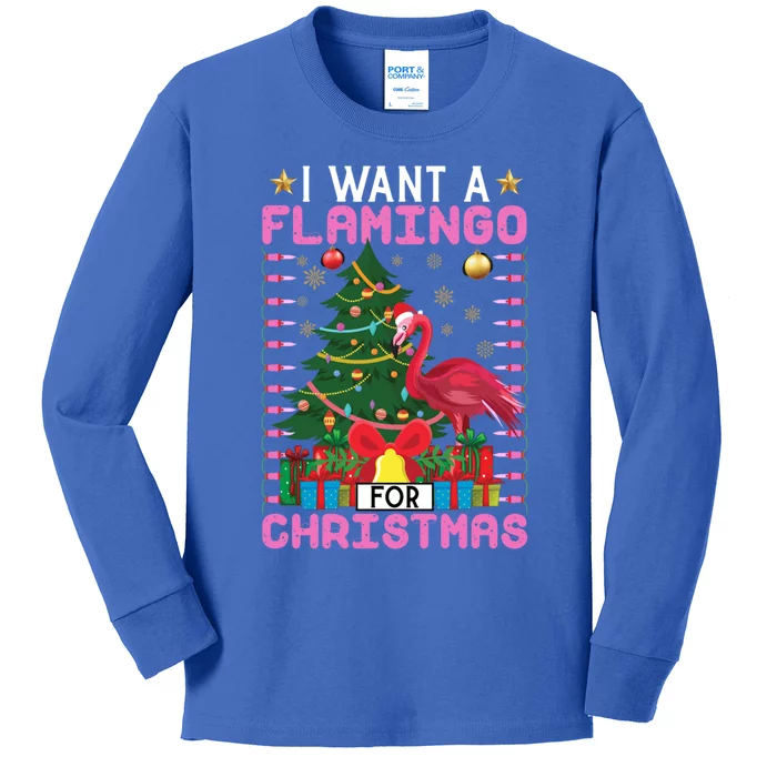 I Want A Flamingo For Christmas Ugly Sweater Flamingo Gift Kids Long Sleeve Shirt