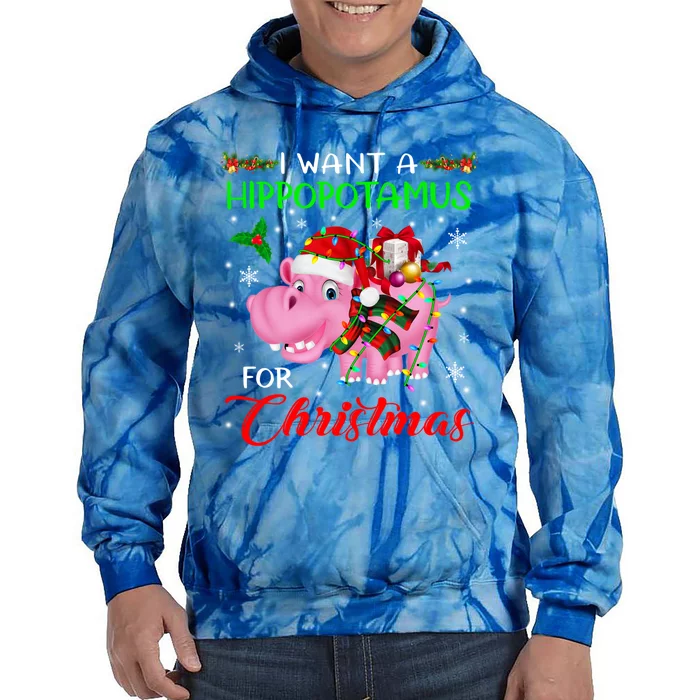 I Want A Hippopotamus For Christmas Xmas Lights Santa Hippo Gift Tie Dye Hoodie