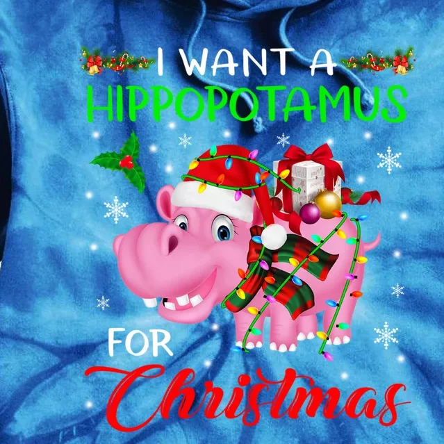 I Want A Hippopotamus For Christmas Xmas Lights Santa Hippo Gift Tie Dye Hoodie