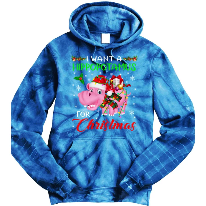 I Want A Hippopotamus For Christmas Xmas Lights Santa Hippo Gift Tie Dye Hoodie