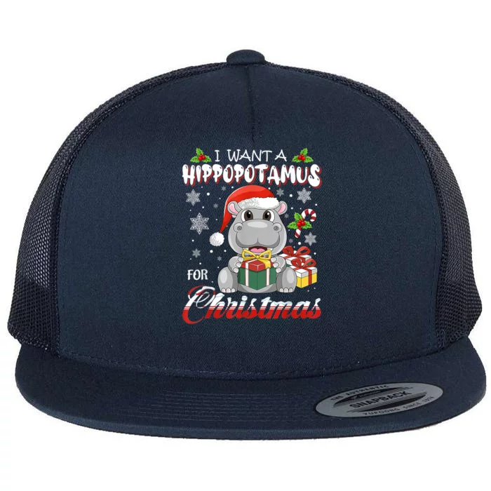 I Want A Hippopotamus For Christmas Funny Hippo Xmas Pajamas Gift Flat Bill Trucker Hat