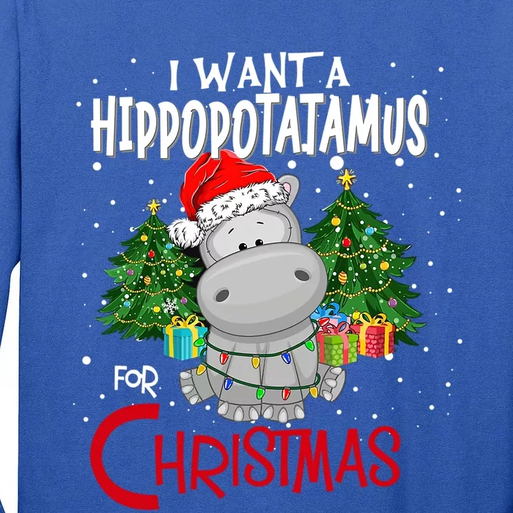 I Want A Hippopotamus For Christmas Santa Hat Fun Xmas Hippo Gift Tall Long Sleeve T-Shirt