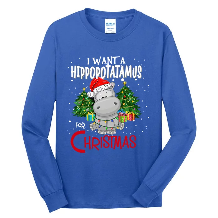 I Want A Hippopotamus For Christmas Santa Hat Fun Xmas Hippo Gift Tall Long Sleeve T-Shirt