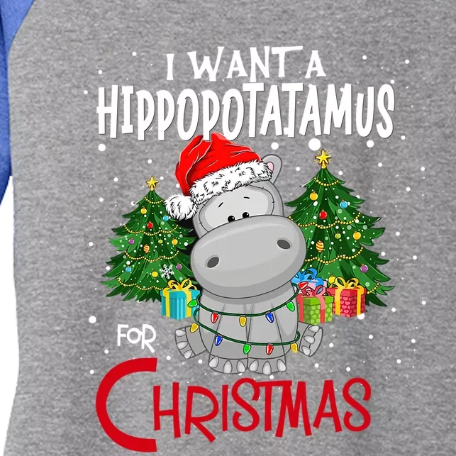 I Want A Hippopotamus For Christmas Santa Hat Fun Xmas Hippo Gift Women's Tri-Blend 3/4-Sleeve Raglan Shirt