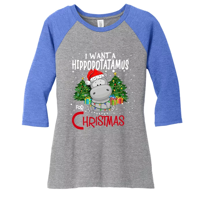 I Want A Hippopotamus For Christmas Santa Hat Fun Xmas Hippo Gift Women's Tri-Blend 3/4-Sleeve Raglan Shirt