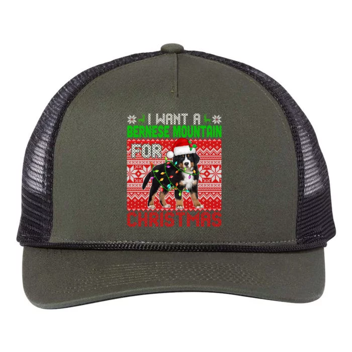 I Want A Bernese Mountain For Christmas Santa Dog Lover Gift Retro Rope Trucker Hat Cap