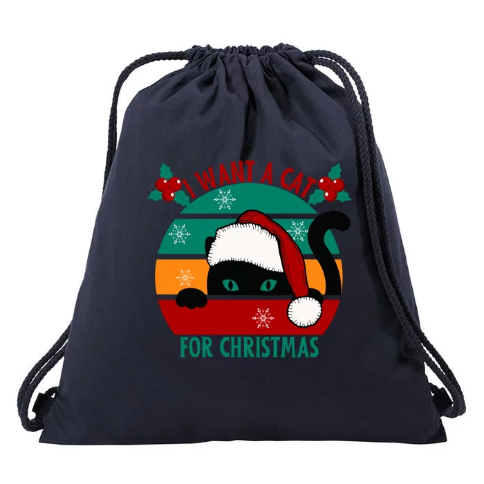 I Want A Cat For Christmas Xmas Cat Cute Gift Drawstring Bag