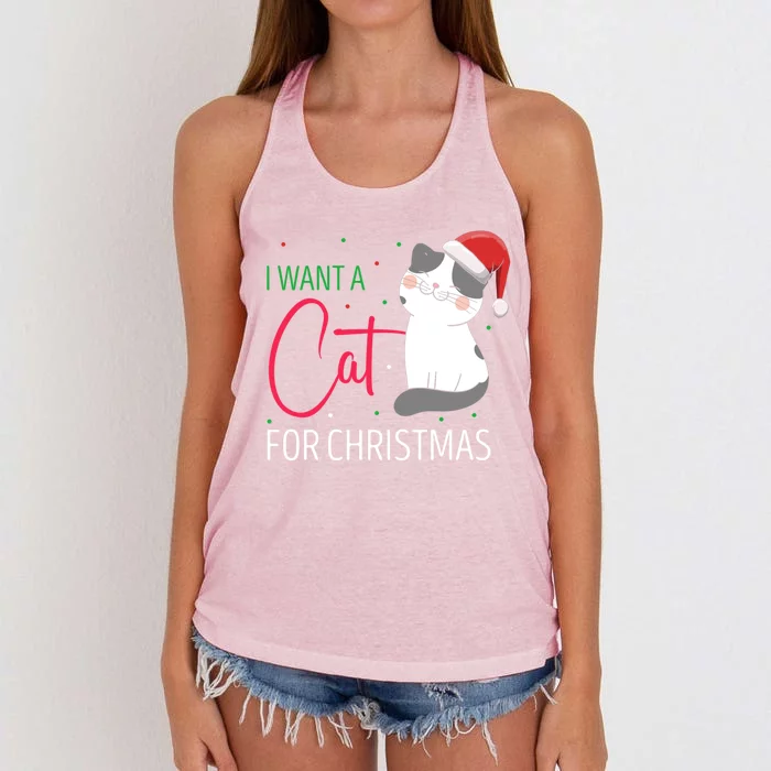 I Want A Cat For Christmas Cute Kitten Cat Lover Present Gift Women's Knotted Racerback Tank