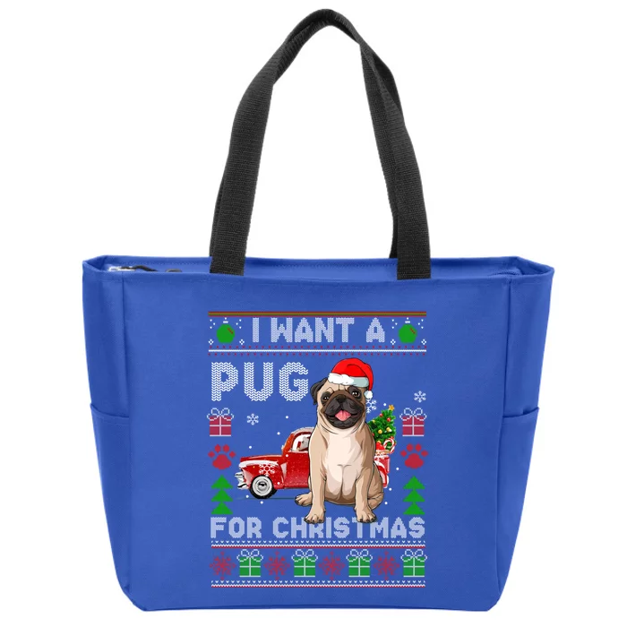 I Want A Pug For Christmas Ugly Sweater Dog Xmas Outfit Gift Zip Tote Bag