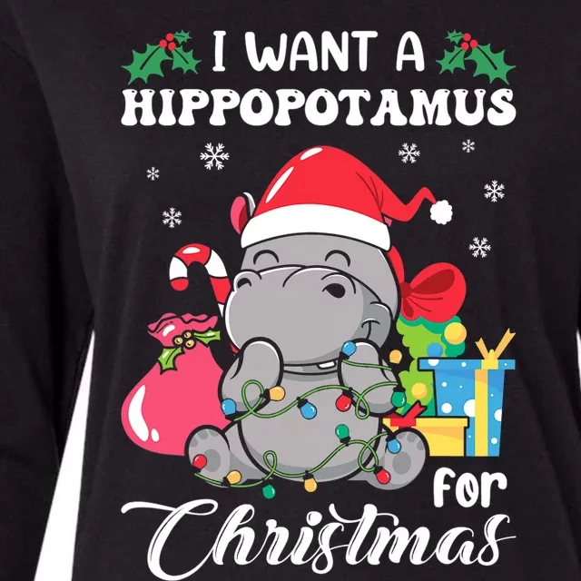 I Want A Hippopotamus For Christmas Hippo Christmas Pajamas Womens Cotton Relaxed Long Sleeve T-Shirt