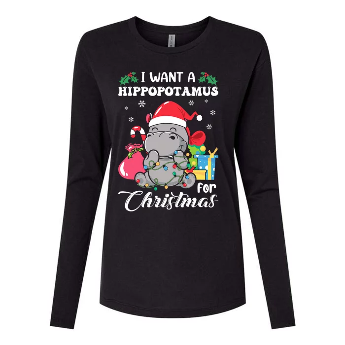 I Want A Hippopotamus For Christmas Hippo Christmas Pajamas Womens Cotton Relaxed Long Sleeve T-Shirt