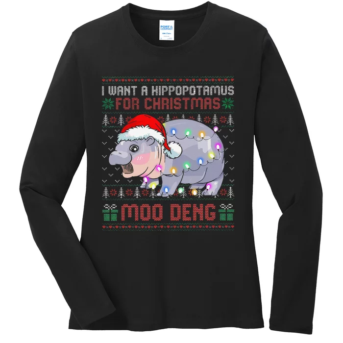 I Want A Hippopotamus For Christmas Moo Deng Baby Hippo Xmas Ladies Long Sleeve Shirt