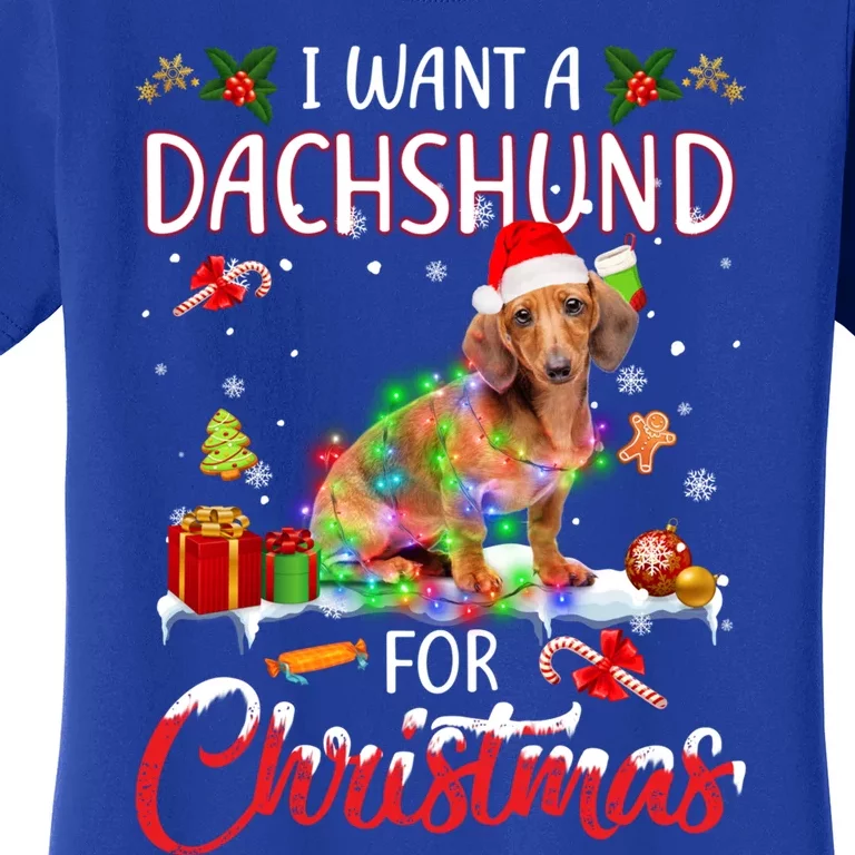 I Want A Dachshund For Christmas Xmas Lights Santa Dachshund Gift Women's T-Shirt