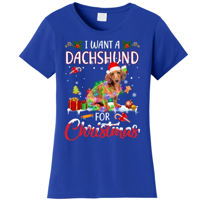 I Want A Dachshund For Christmas Xmas Lights Santa Dachshund Gift Women's T-Shirt