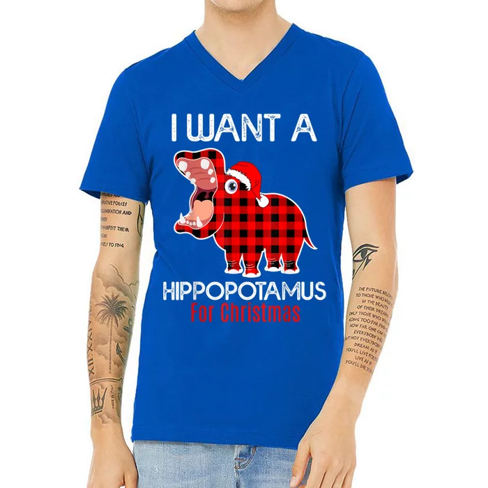 I Want A Hippopotamus For Christmas Plaid Hippo Pajamas Xmas Gift V-Neck T-Shirt