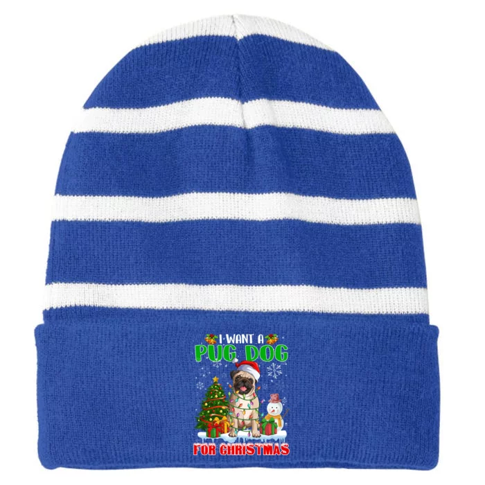 I Want A Pug Dog For Christmas Pug Santa Light Xmas Tree Gift Striped Beanie with Solid Band