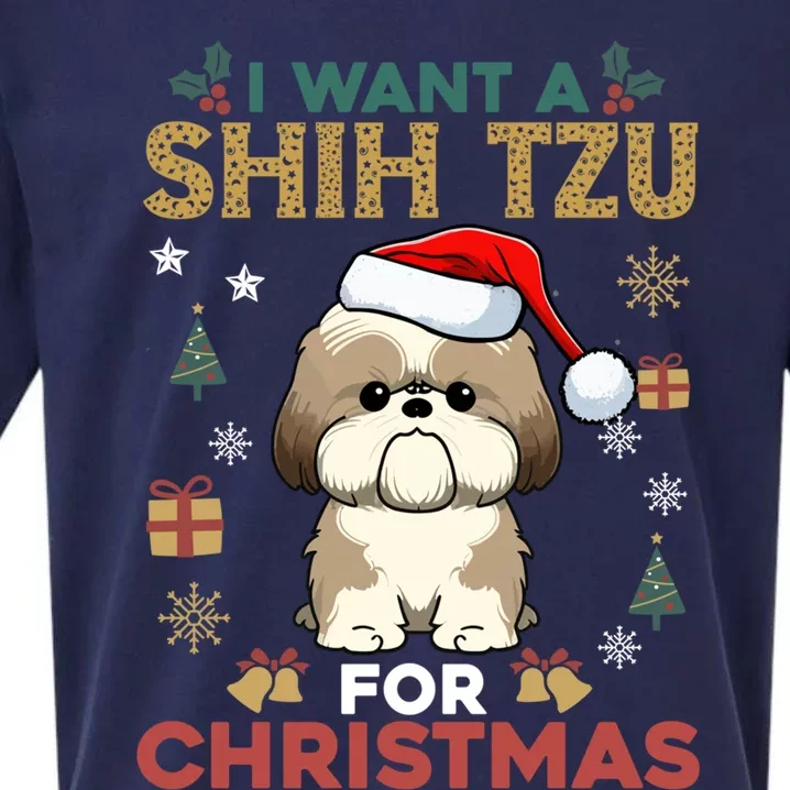 I Want A Shih Tzu For Christmas Cute Dog Lover Family Pajama Meaningful Gift Sueded Cloud Jersey T-Shirt