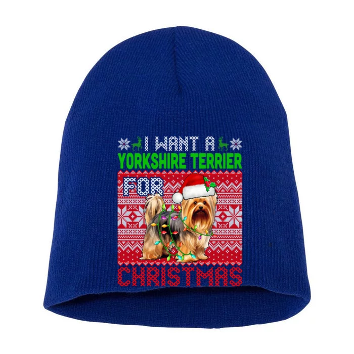 I Want A Yorkshire Terrier For Christmas Santa Dog Lover Gift Short Acrylic Beanie