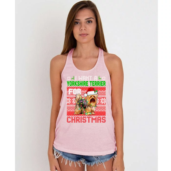 I Want A Yorkshire Terrier For Christmas Santa Dog Lover Gift Women's Knotted Racerback Tank