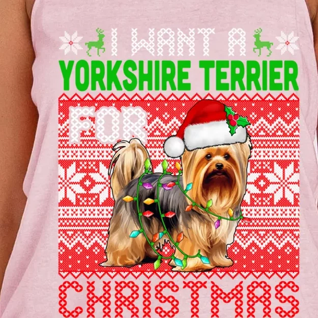 I Want A Yorkshire Terrier For Christmas Santa Dog Lover Gift Women's Knotted Racerback Tank