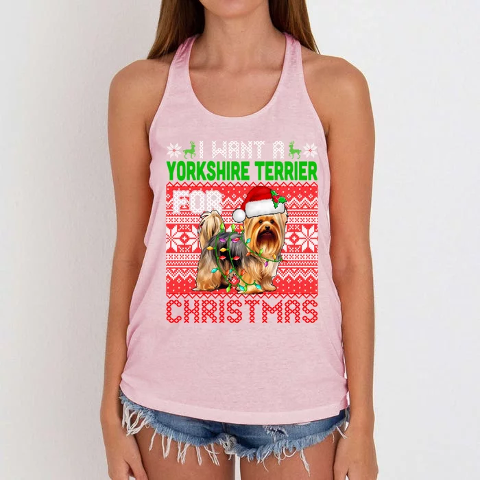 I Want A Yorkshire Terrier For Christmas Santa Dog Lover Gift Women's Knotted Racerback Tank