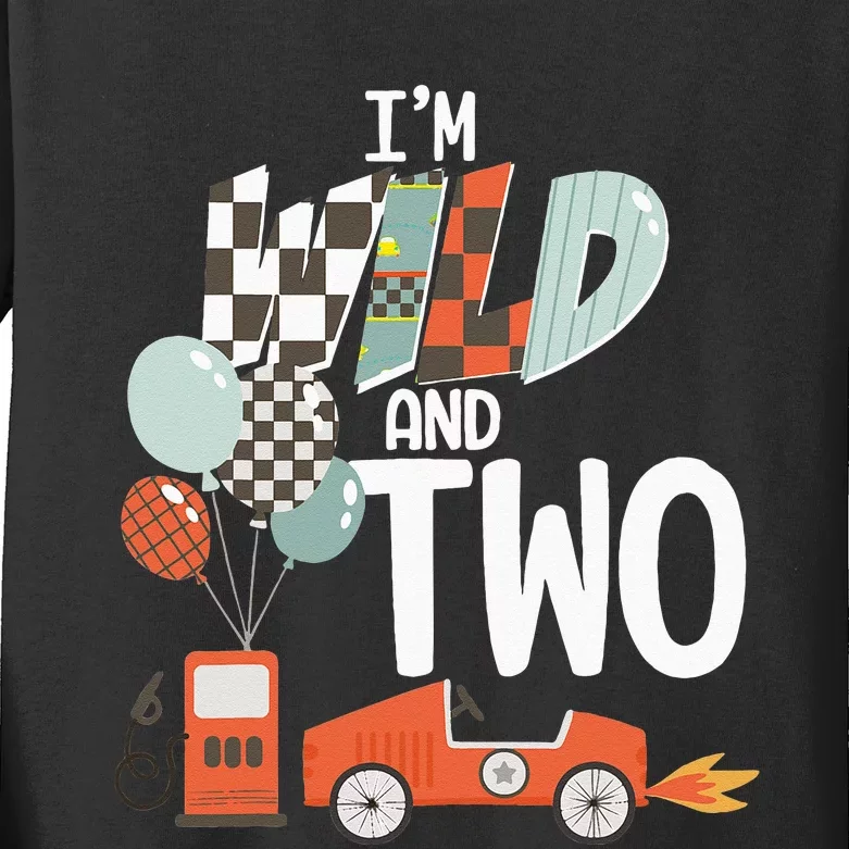 Im Wild And Two Race Car Theme 2nd Birthday Boy Party Kids Kids Long Sleeve Shirt