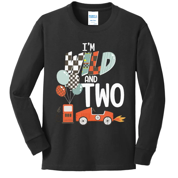 Im Wild And Two Race Car Theme 2nd Birthday Boy Party Kids Kids Long Sleeve Shirt