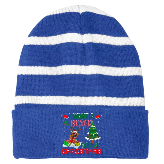 I Want A Boxer Dog For Christmas Xmas Boxer Reindeer Gift Striped Beanie with Solid Band