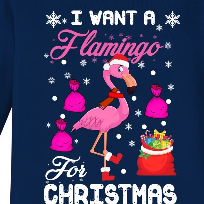 I Want A Flamingo For Christmas Pajama Holiday Xmas Funny Gift Baby Long Sleeve Bodysuit