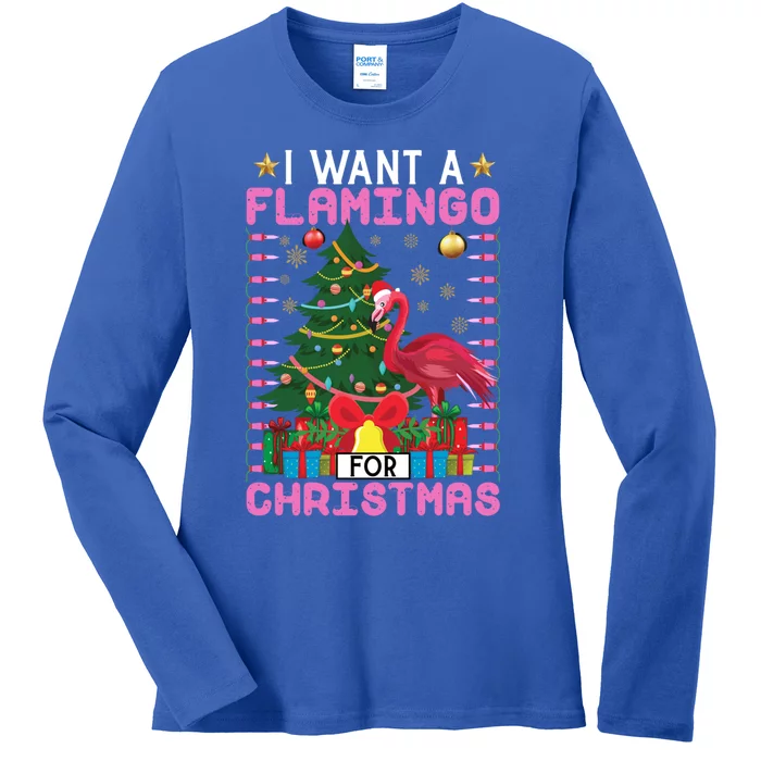 I Want A Flamingo For Christmas Ugly Sweater Flamingo Gift Ladies Long Sleeve Shirt