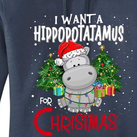 I Want A Hippopotamus For Christmas Santa Hat Fun Xmas Hippo Gift Women's Pullover Hoodie