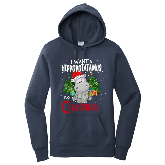 I Want A Hippopotamus For Christmas Santa Hat Fun Xmas Hippo Gift Women's Pullover Hoodie