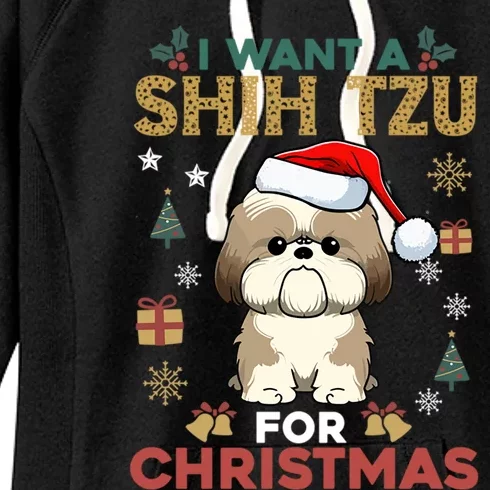 I Want A Shih Tzu For Christmas Cute Dog Lover Family Pajama Cool Gift Women's Fleece Hoodie